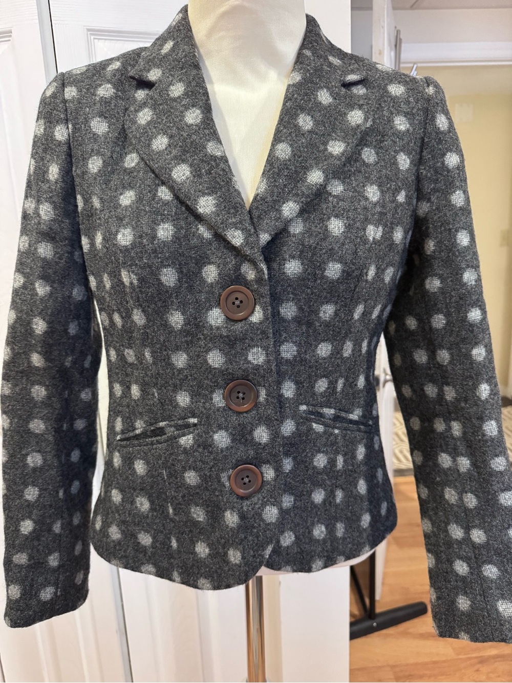 Boden Wool Polka Dot Blazer Jacket UK 12 US 8 Gray 100% Wool